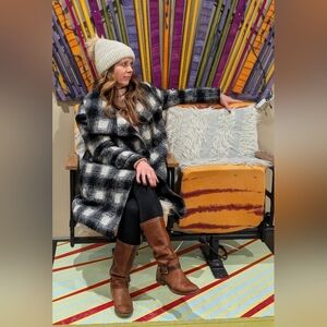 Banana Republic Black and Cream Plaid Pea Coat OVERSIZED XS